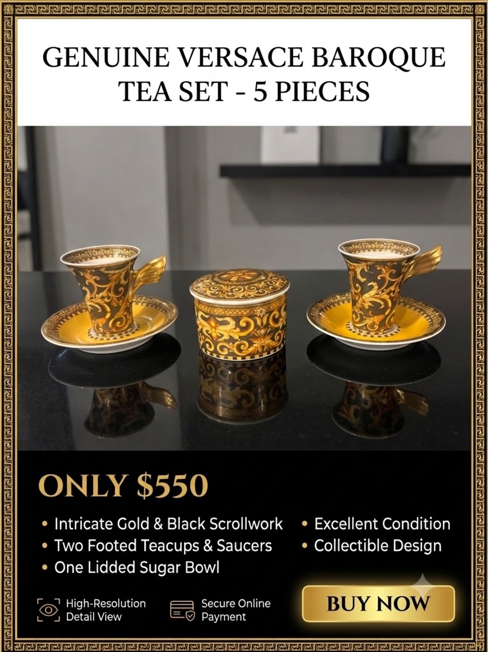Versace Gold and Black Baroque Tea Set - 5 Piece